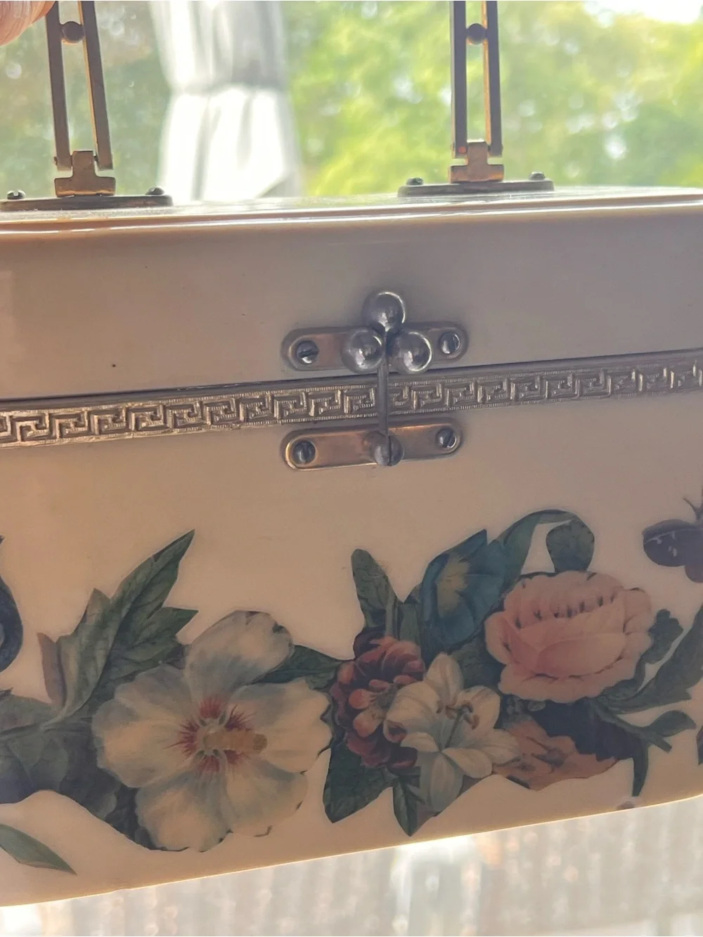 Vintage Cream Floral Vanity Bag with Gold Accents